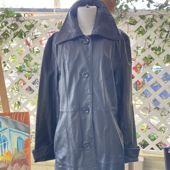 Vintage Wilsons Leather Jacket Black Trench Over Coat Big Collar Chevron Lined L - Picture 5 of 16